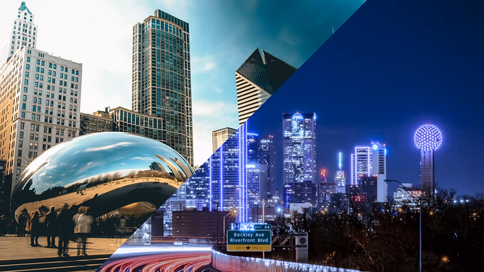 Chicago Bean at Millinium Park and a nighttime view of Dallas.