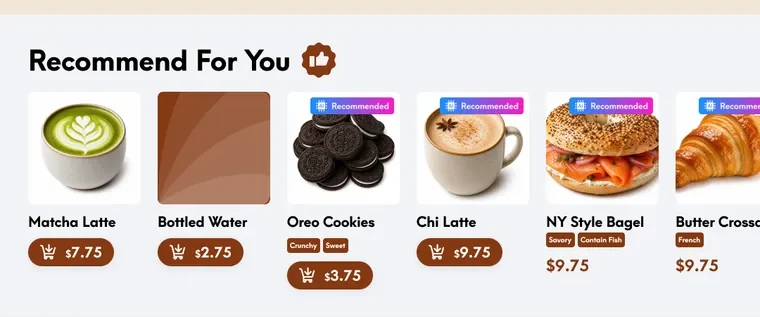 A kiosk cart showing the AI&rsquo;s Recommend For You row &mdash; add-ons suggested beside the order