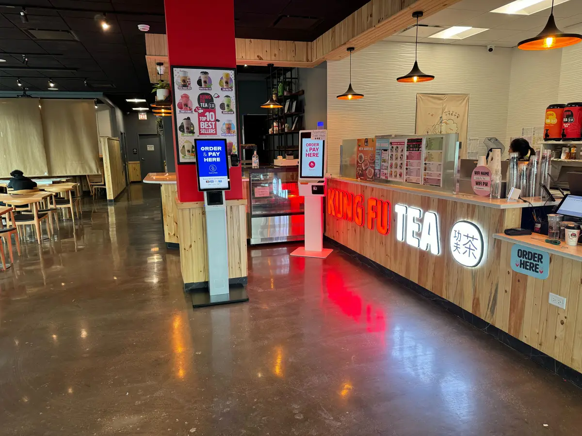 INFI floor-stand kiosks at a Kung Fu Tea store