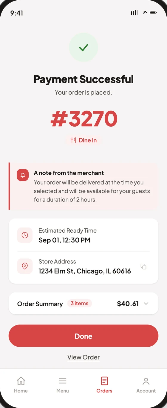 Order confirmed with live ready time