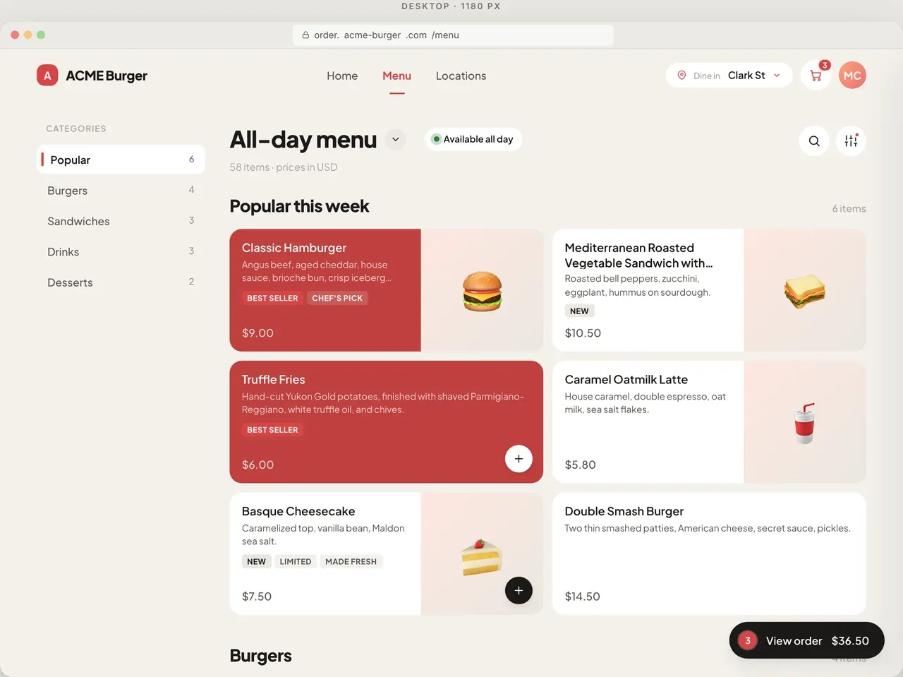 INFI online ordering menu in a web browser