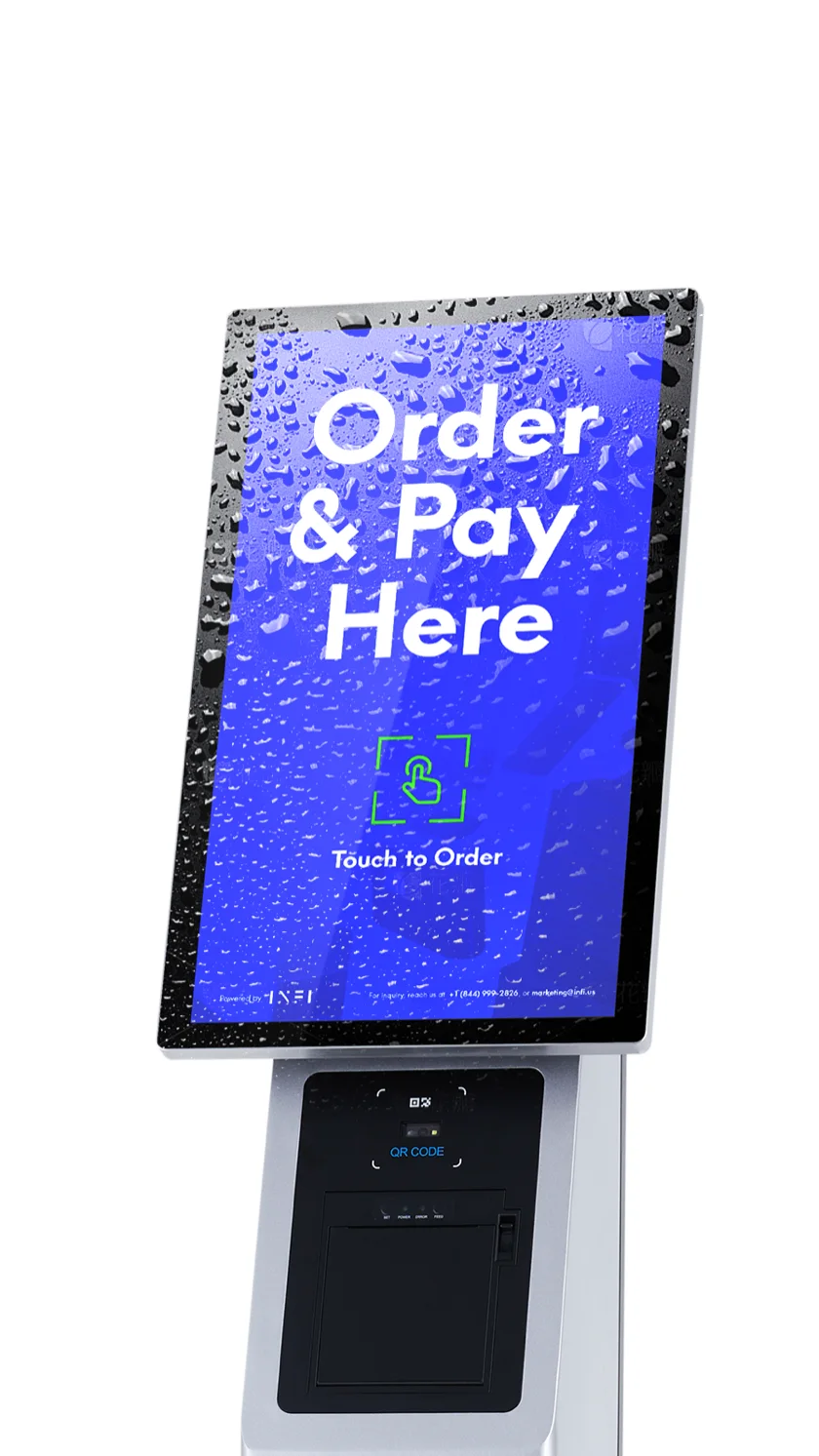 The K4 outdoor kiosk with its screen beaded with water, showing Order & Pay Here