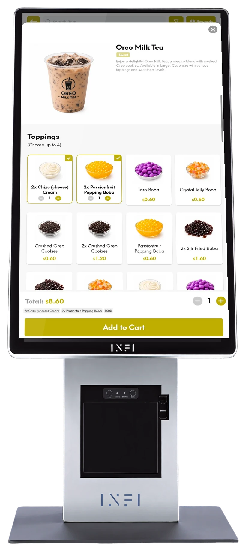Customize a boba order on the K5 kiosk