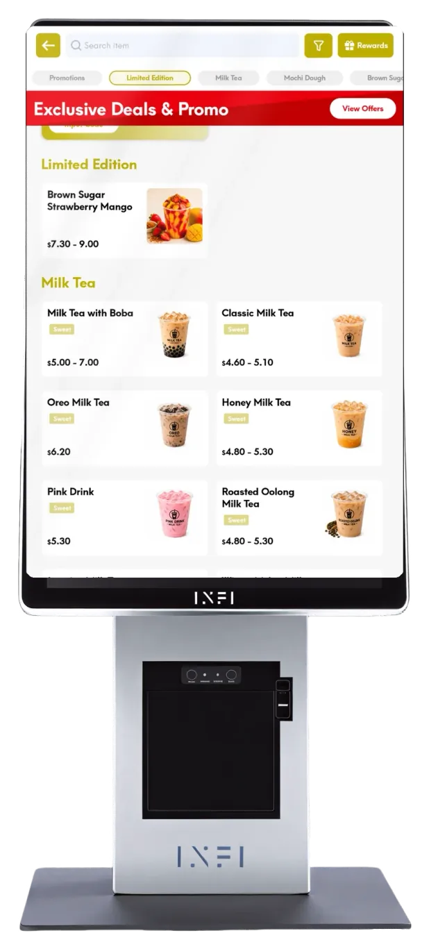 INFI ORDER self-ordering kiosk running a live photo menu