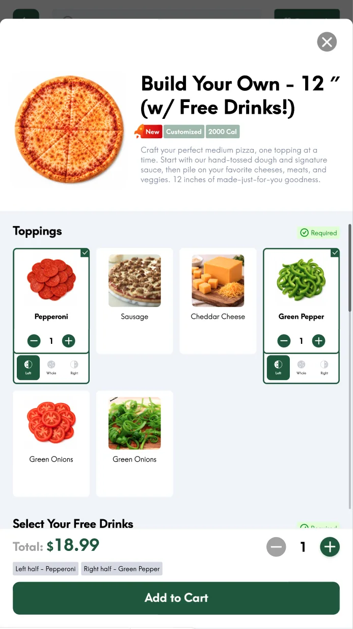 INFI Pizzerias interface — Tap each half