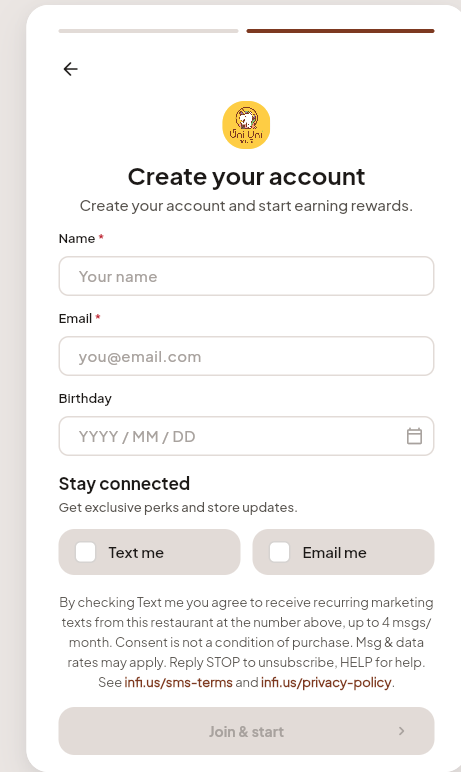 INFI online ordering account creation screen showing the Stay connected section with unchecked Text me and Email me checkboxes and the full SMS marketing disclosure beneath them