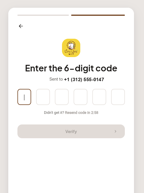 Step two: a screen headed Enter the 6-digit code, showing Sent to the guest's number, six code boxes, a resend timer and a Verify button.