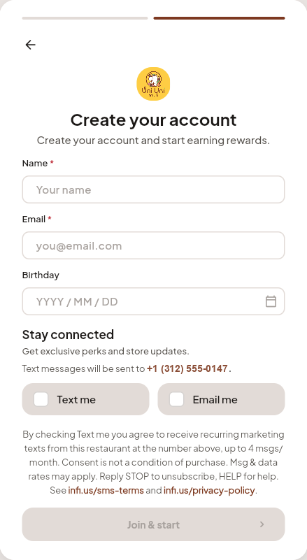 Step three: the Create your account screen showing name, email and birthday fields, then Stay connected with the line Text messages will be sent to the confirmed number, two unticked boxes labelled Text me and Email me, and the full marketing disclosure beneath them.