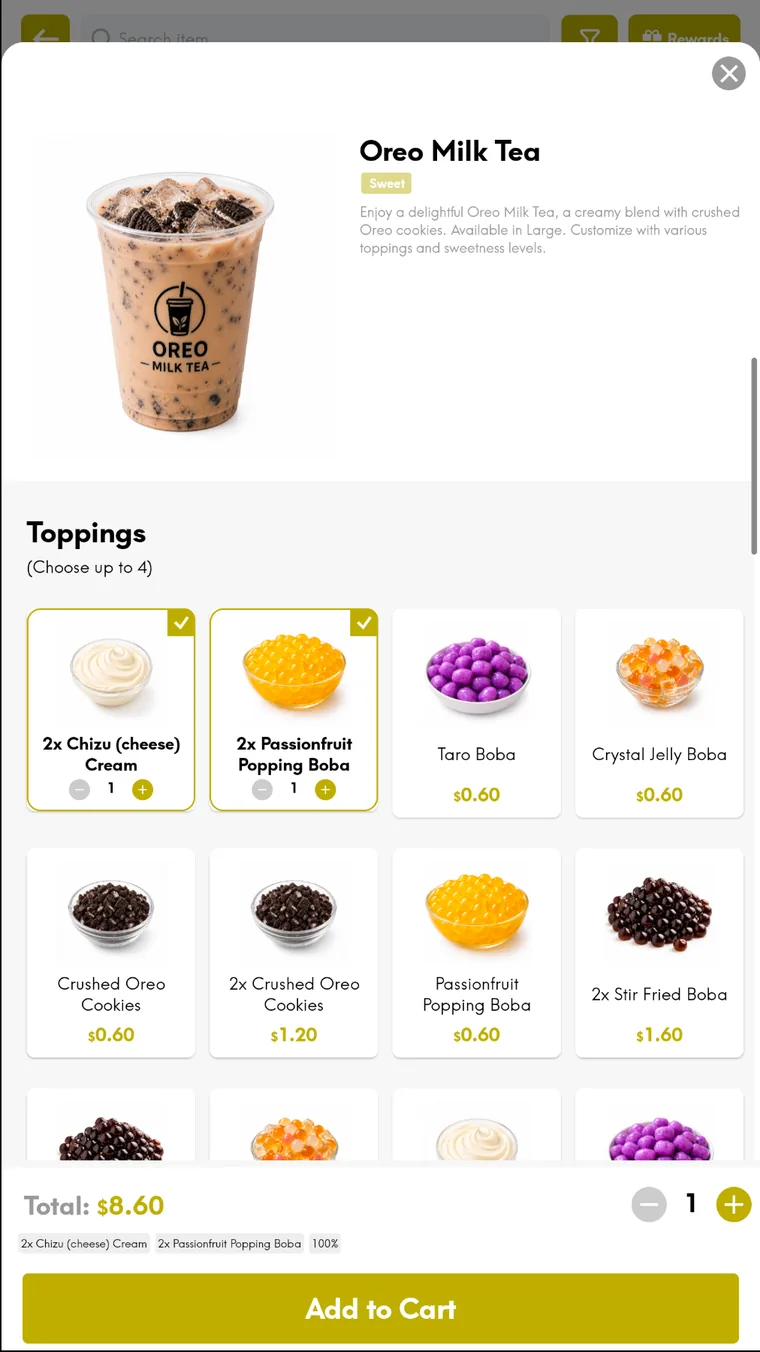 INFI Boba & Beverage interface — Full modifier tree