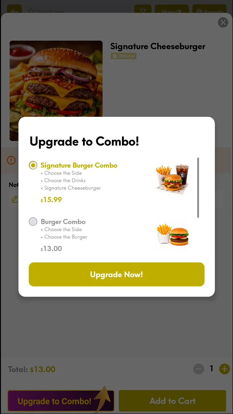 INFI Burger · Taco · Sandwich interface — +$1–2 / order